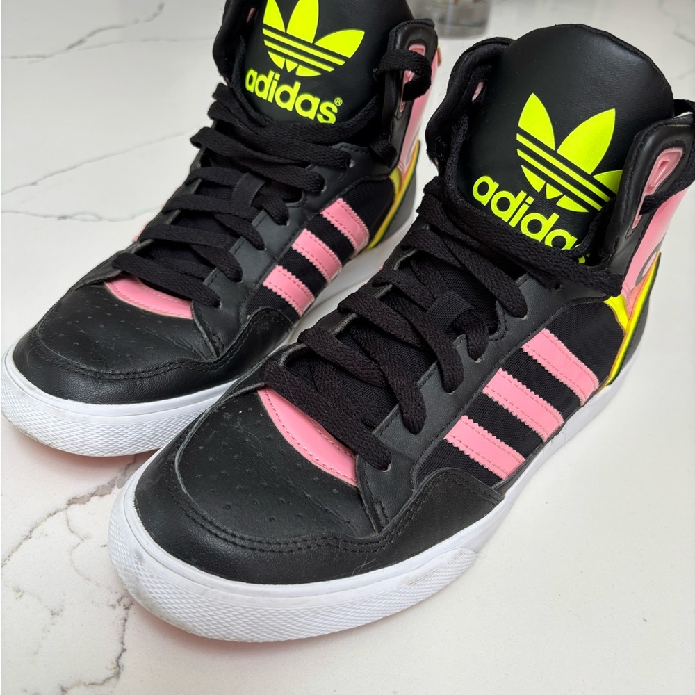 Adidas Exataball Black and Neon Pink High-Top Sneakers